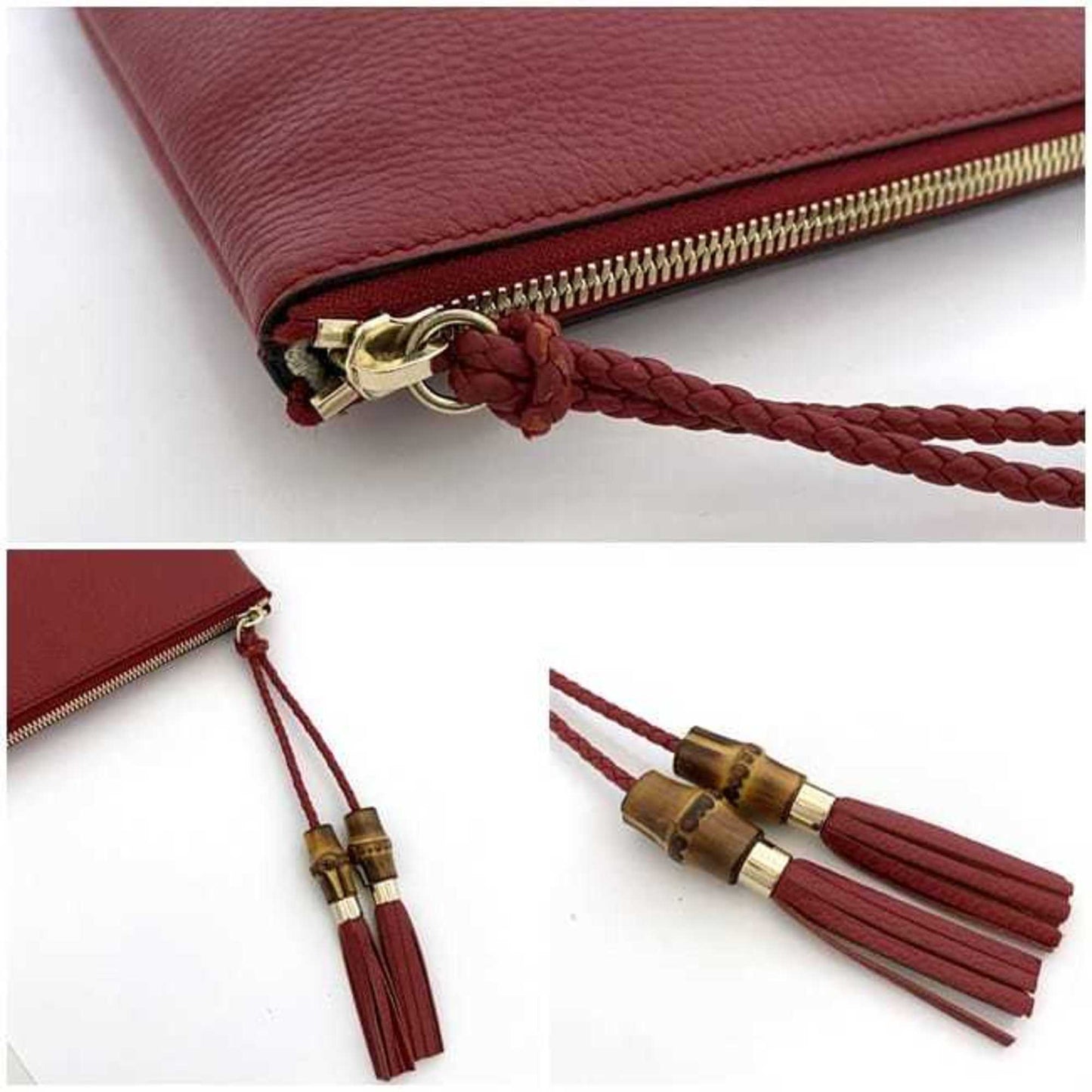 Gucci Red Color Bamboo Leather Clutch Bag Handbag