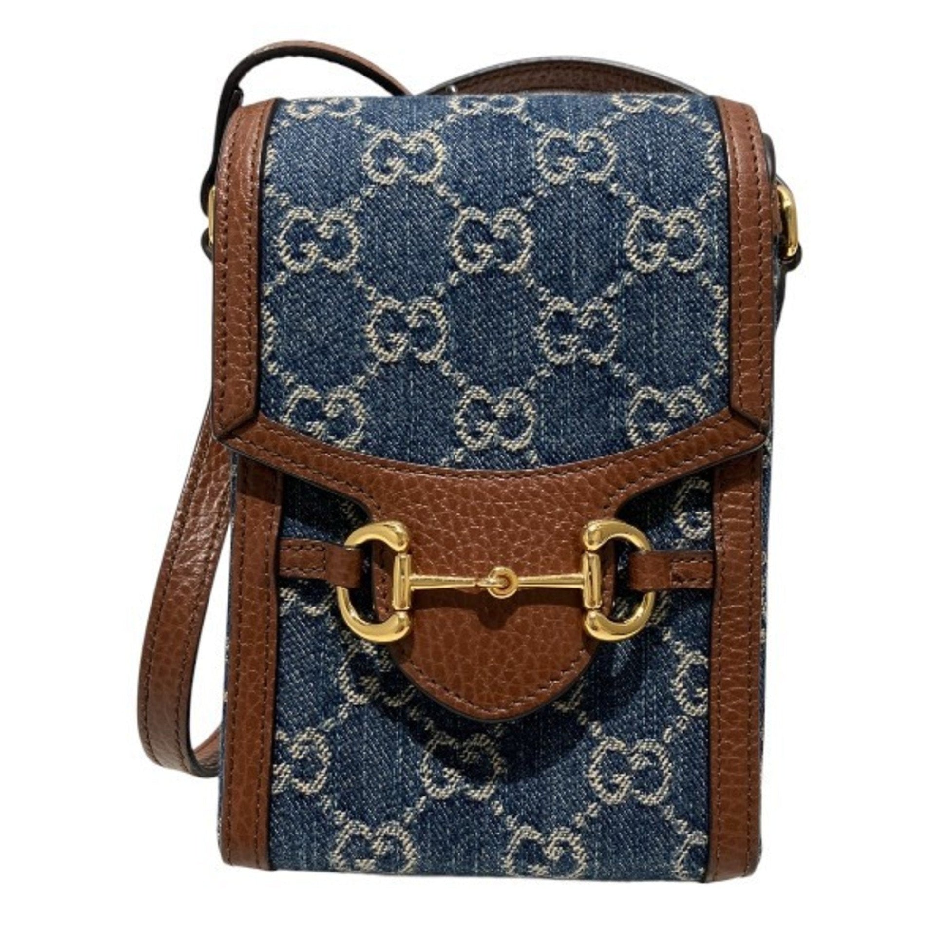 Gucci Blue Brown Denim Leather Shoulder Bag ()