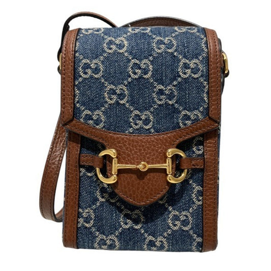 Gucci Blue Brown Denim Leather Shoulder Bag ()