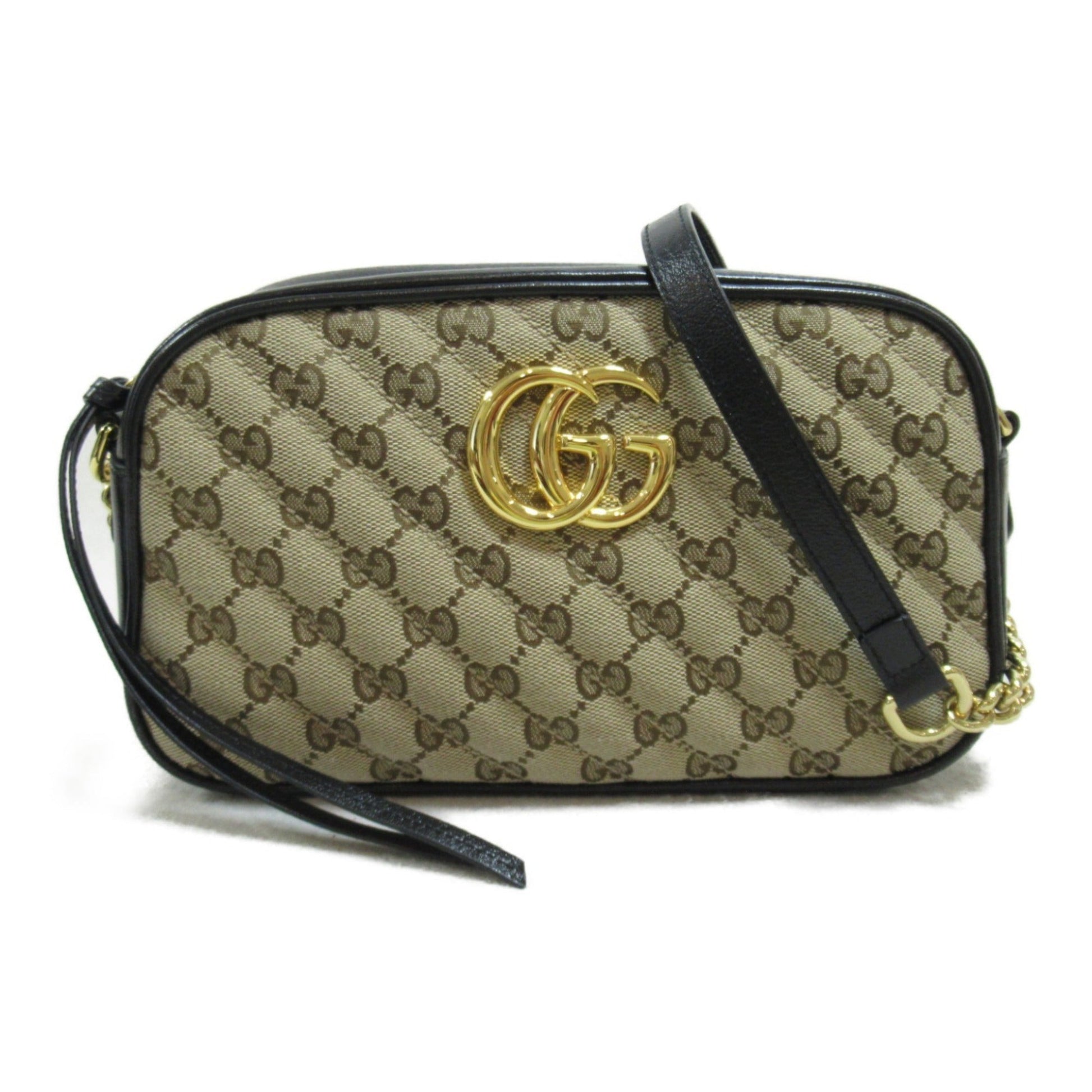 Gucci Beige Black Gg Canvas Leather Shoulder Bag ()
