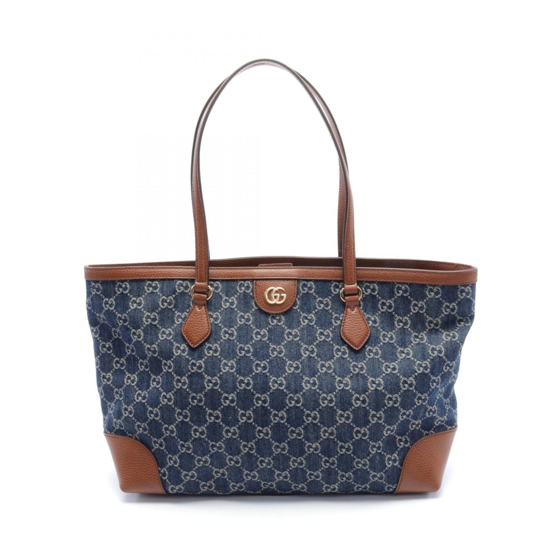 Gucci Brown Navy Denim Leather Tote Bag ()