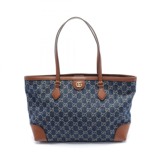 Gucci Brown Navy Denim Leather Tote Bag ()
