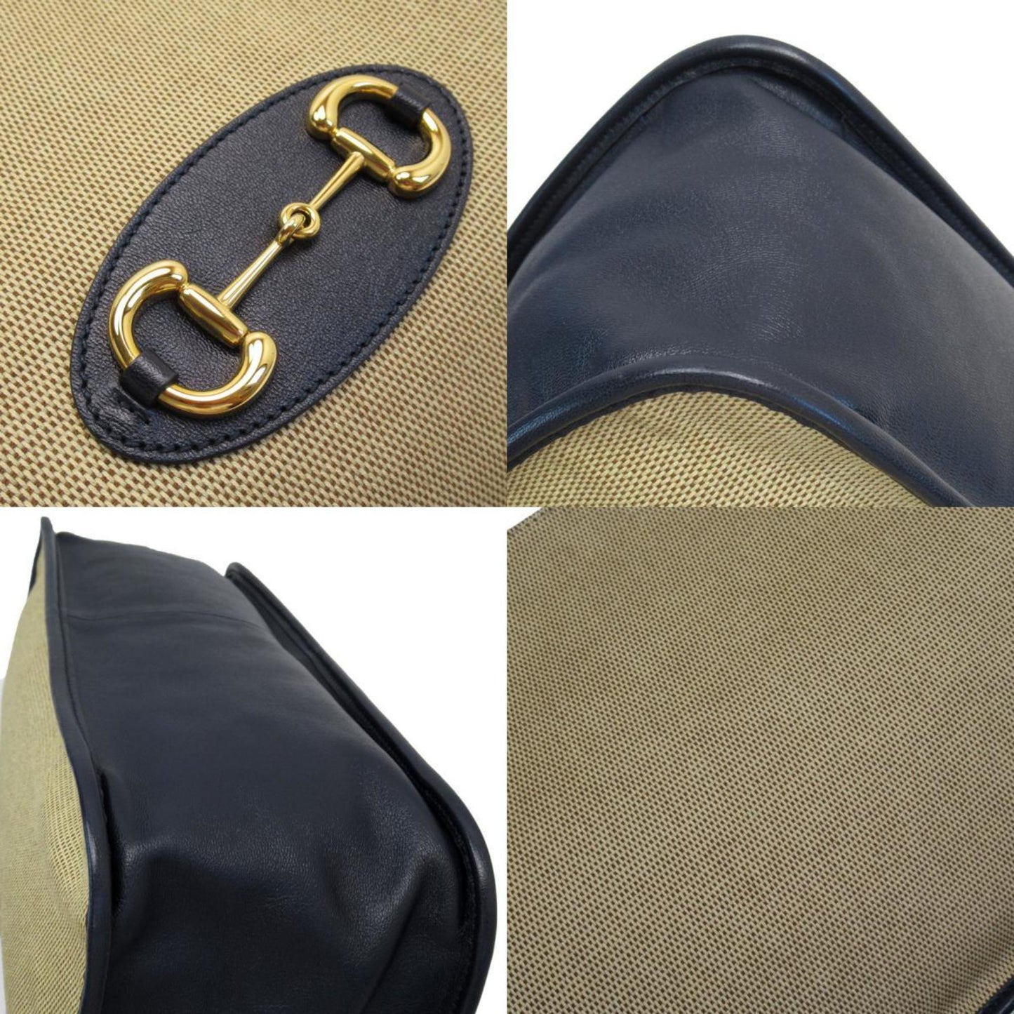 Gucci Horsebit Beige Navy Canvas Leather Shoulder Bag