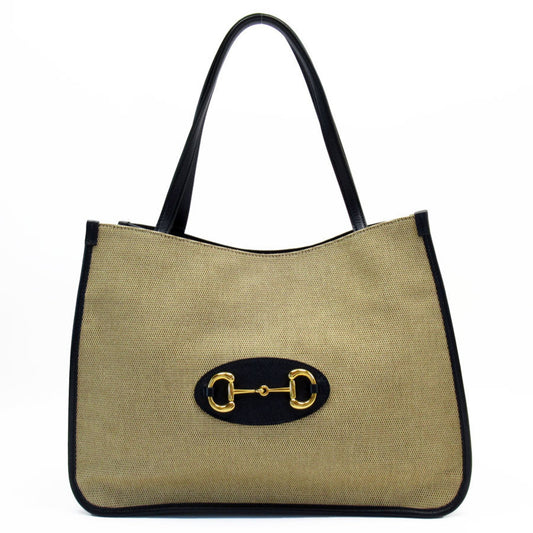 Gucci Horsebit Beige Navy Canvas Leather Shoulder Bag ()
