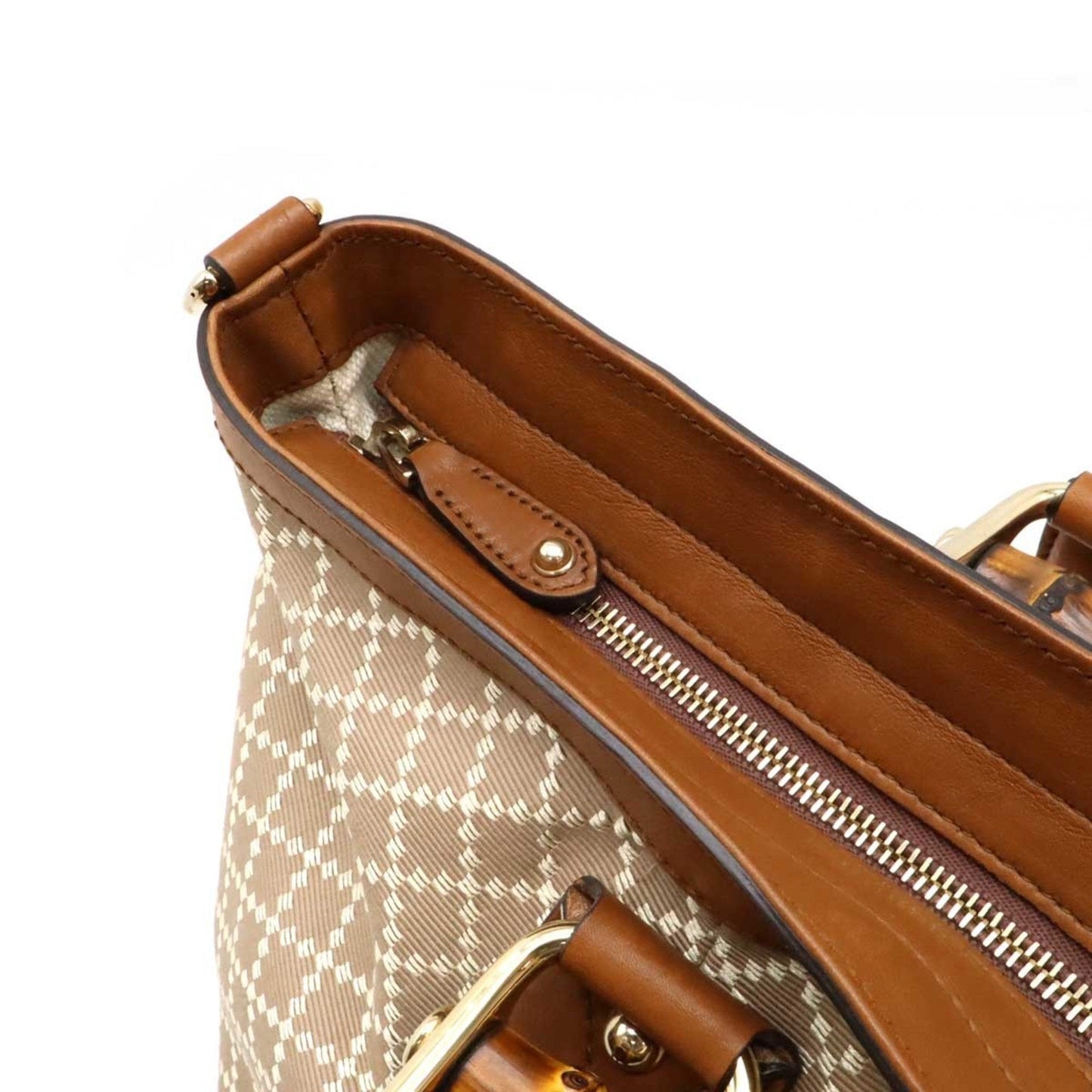 Gucci Beige Brown Bamboo Canvas Leather Shoulder Bag Tote Bag