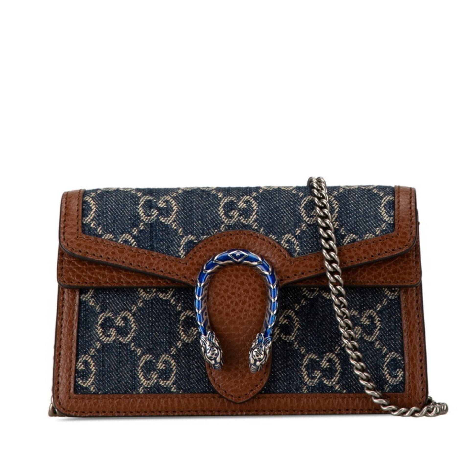 Gucci Brown Navy Denim Leather Shoulder Bag ()
