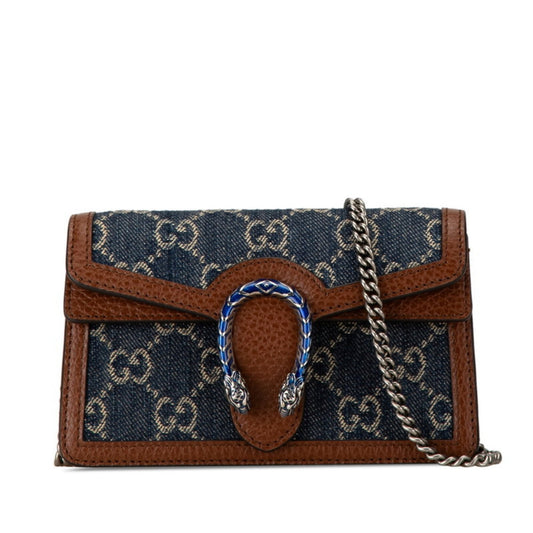 Gucci Brown Navy Denim Leather Shoulder Bag ()
