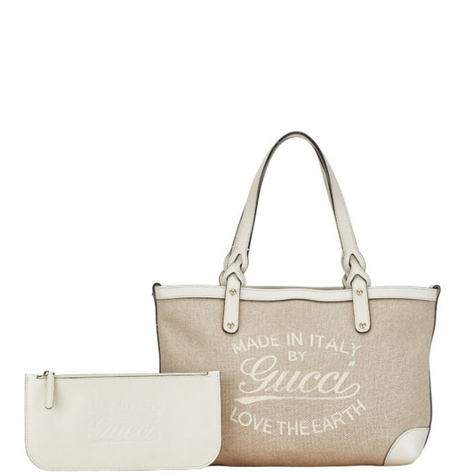 Gucci Beige White Canvas Leather Handbag Tote Bag ()