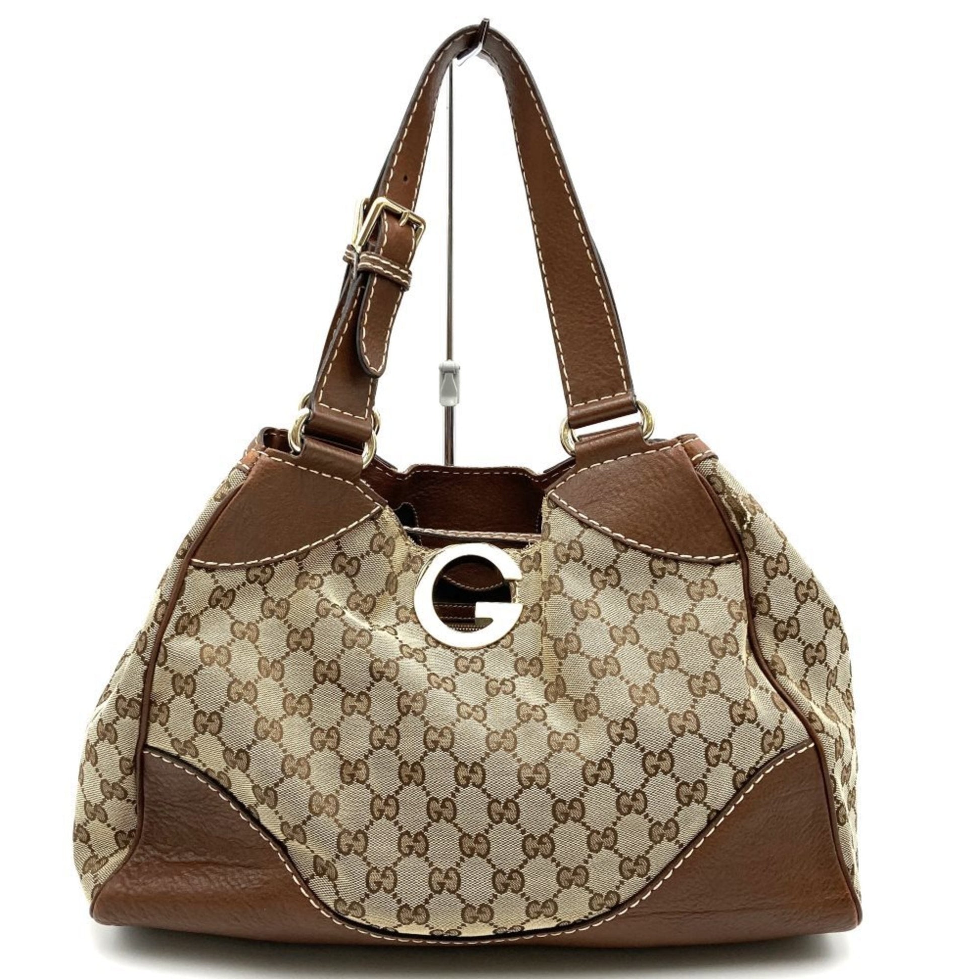 Gucci Brown Gg Canvas Leather Handbag Tote Bag ()