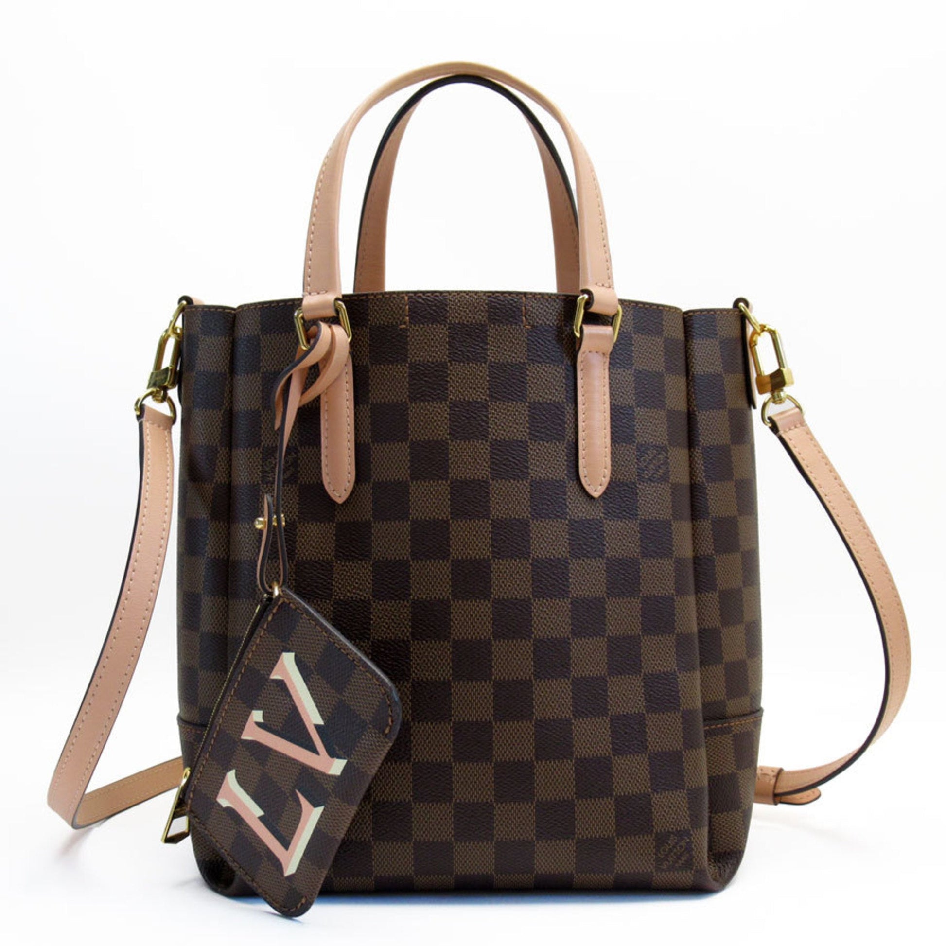 Louis Vuitton Brown Pink Beige Damier Canvas Leather Handbag Shoulder Bag ()