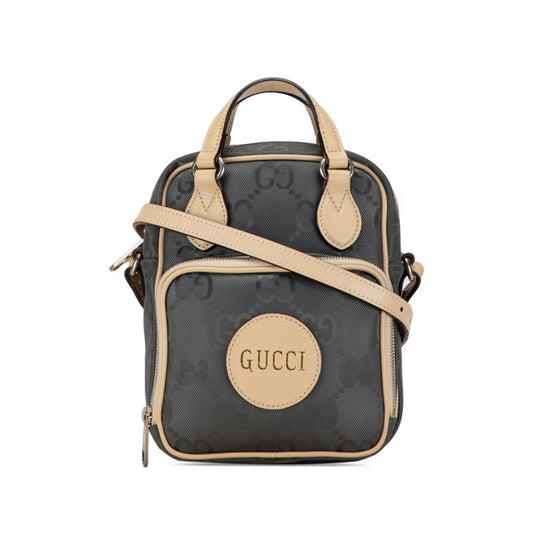 Gucci Beige Gray Nylon Leather Handbag Shoulder Bag ()