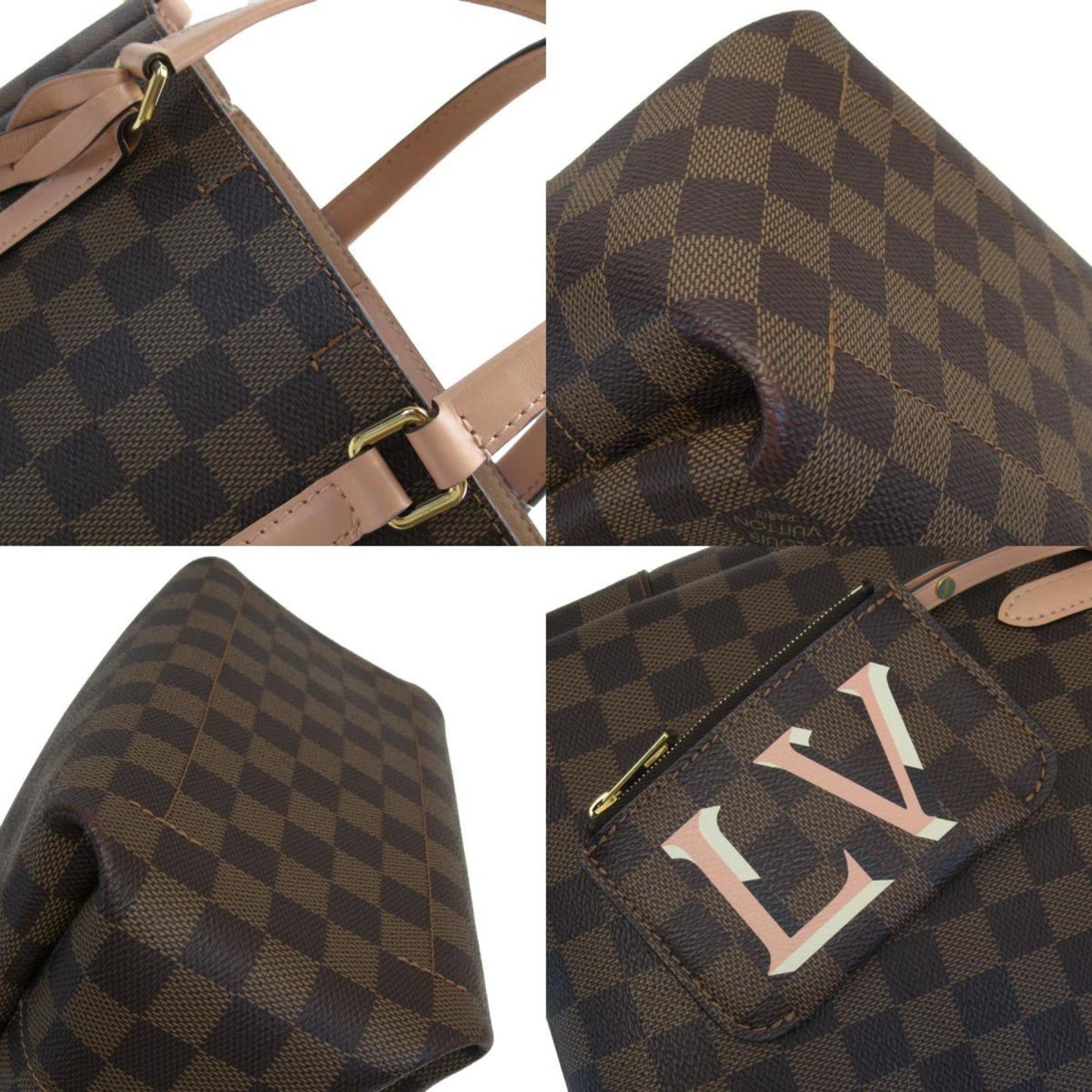 Louis Vuitton Brown Pink Beige Damier Canvas Leather Handbag Shoulder Bag