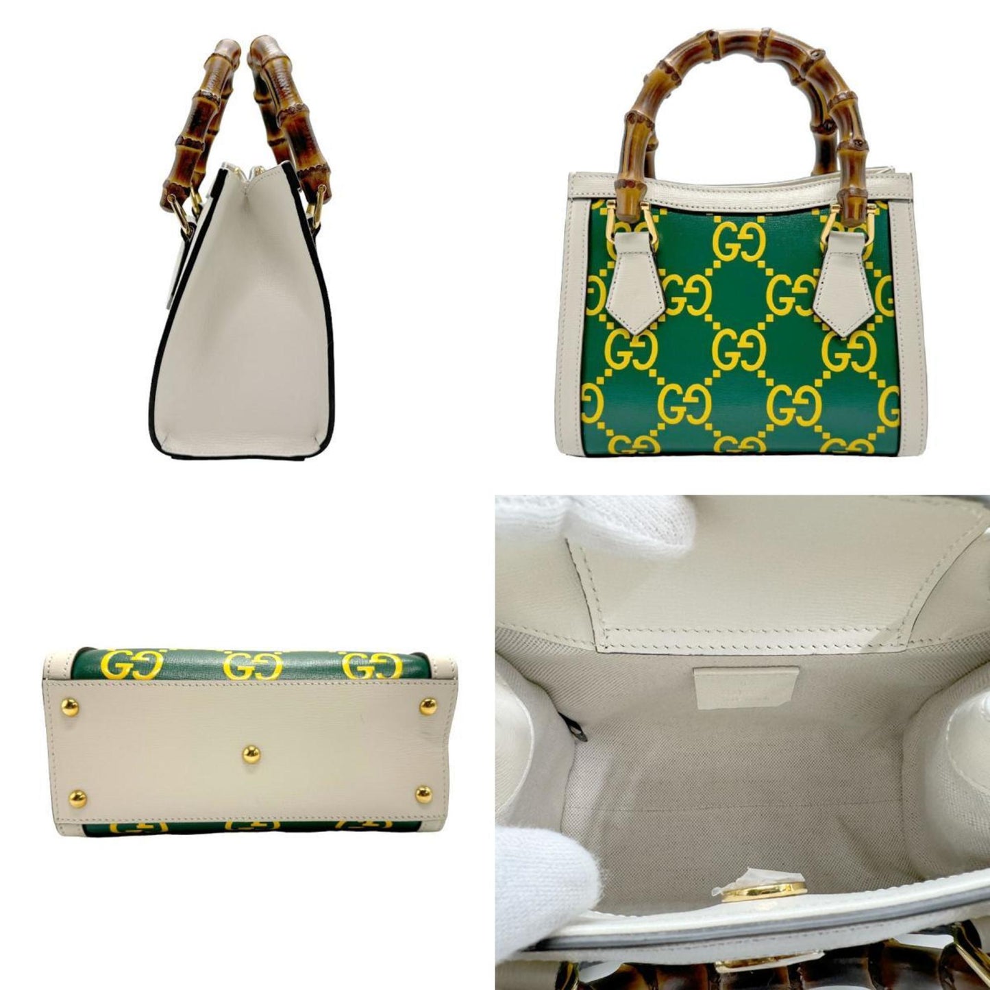 Gucci Green Ivory Yellow Leather Handbag Shoulder Bag