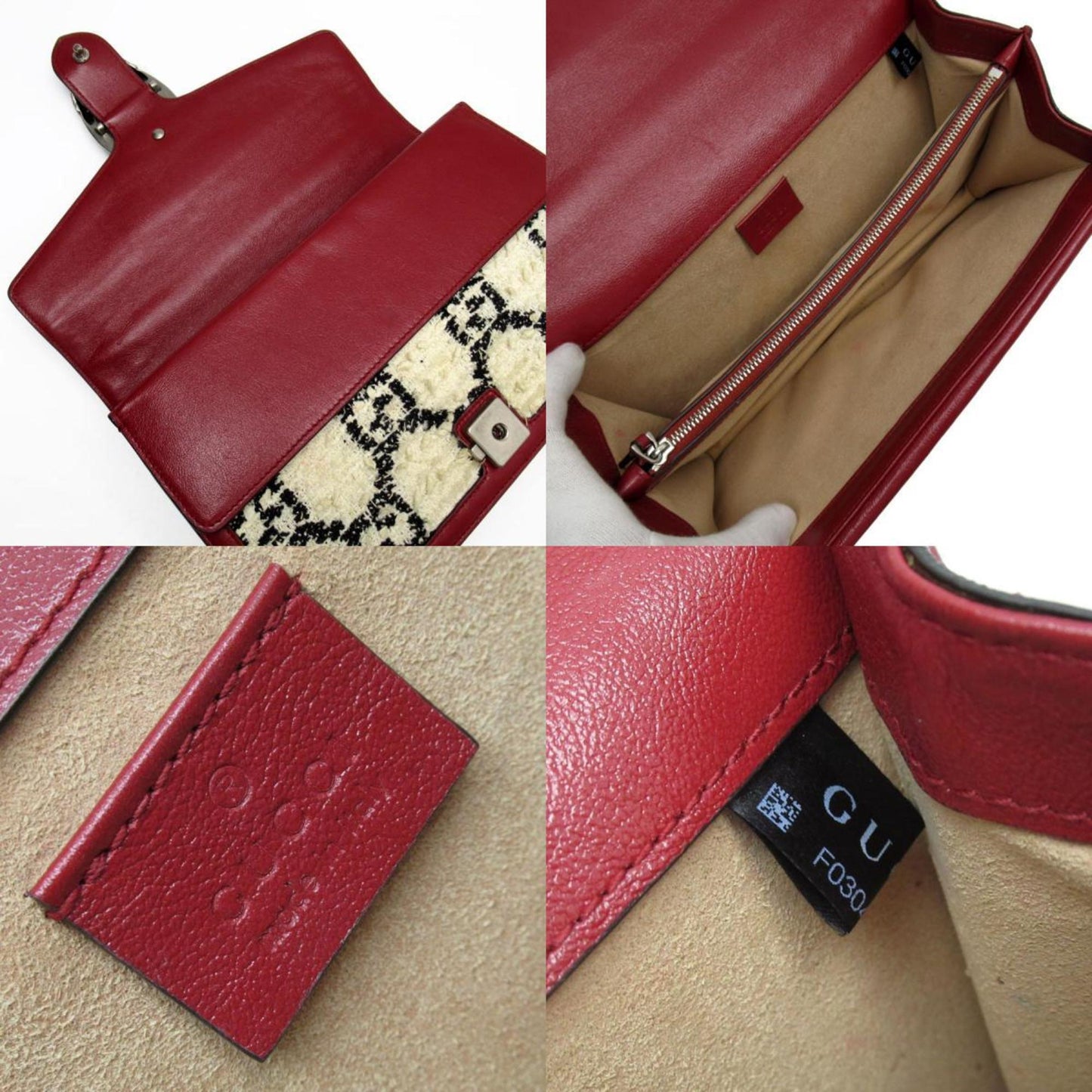 Gucci Black Dark Red Off-White Tweed Leather Shoulder Bag