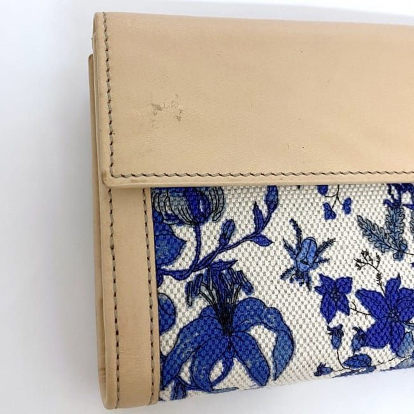 Gucci Beige Blue White Canvas Leather Long Wallet (Bi-Fold)