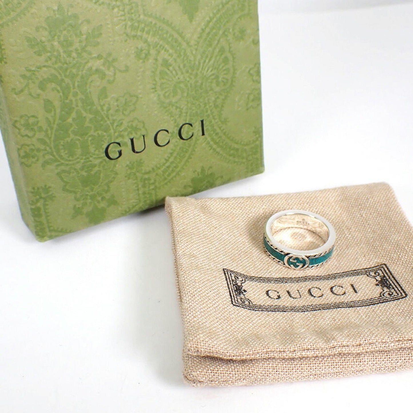 Gucci Silver Turquoise Enamel Sterling Silver 925 Band Ring