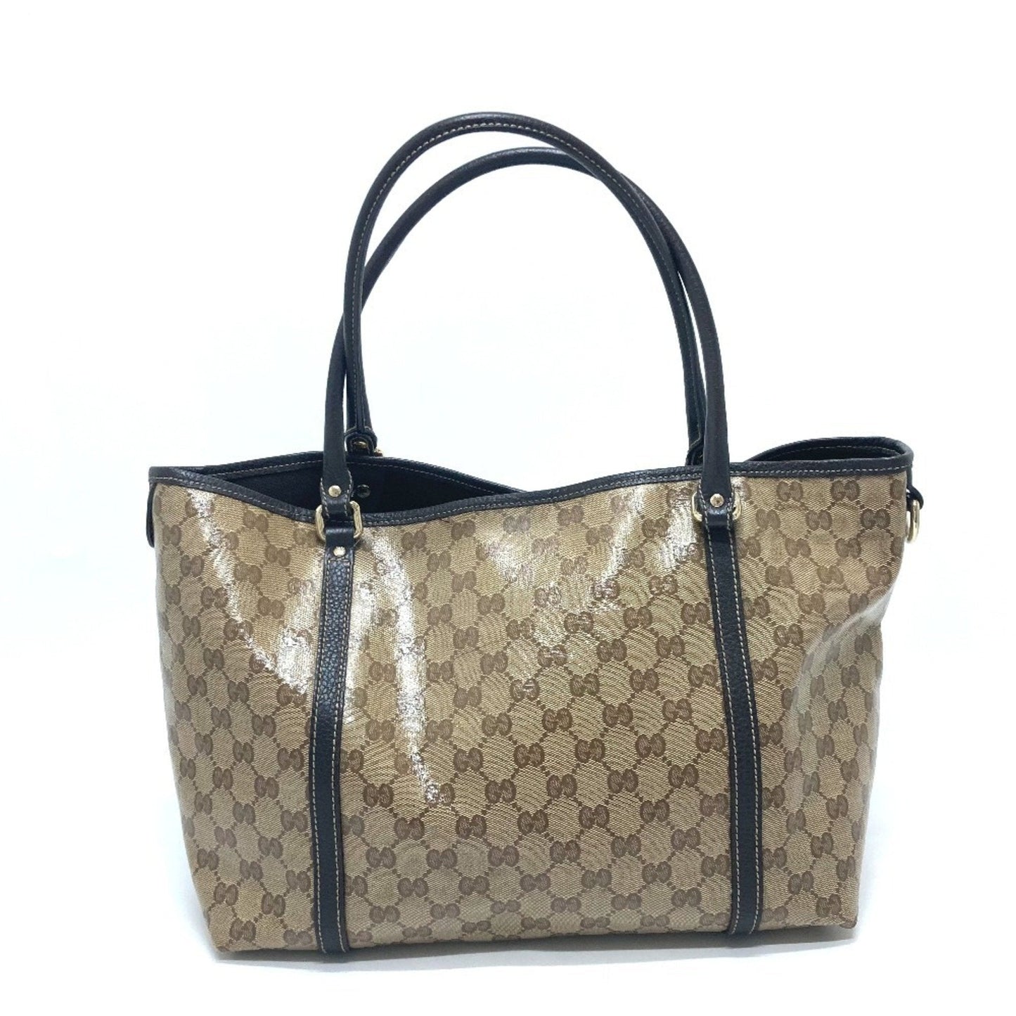 Gucci Gg Crystal Beige Brown Leather Coated Canvas Handbag Tote Bag
