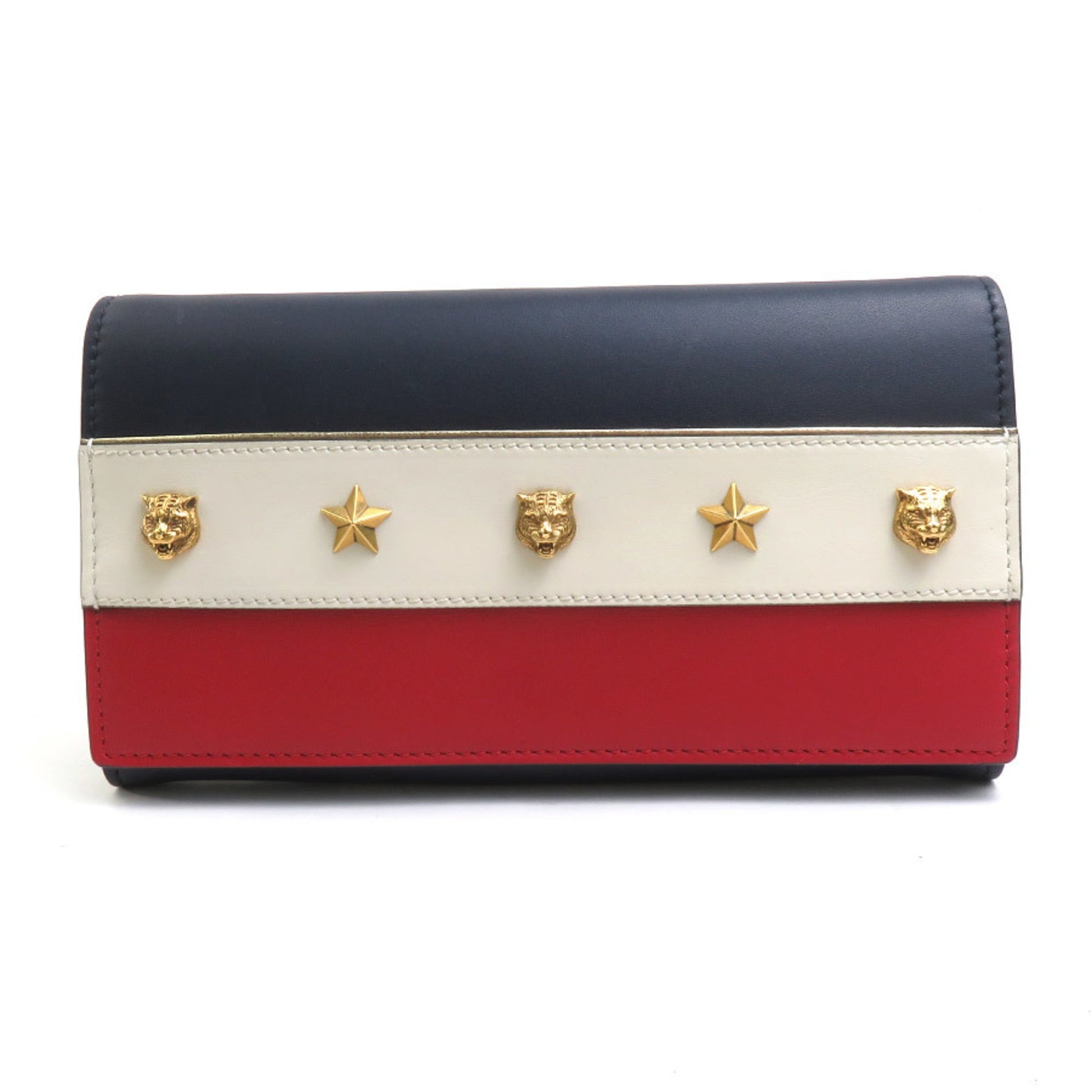 Gucci Navy Off-White Red Color Leather Long Wallet (Bi-Fold) ()