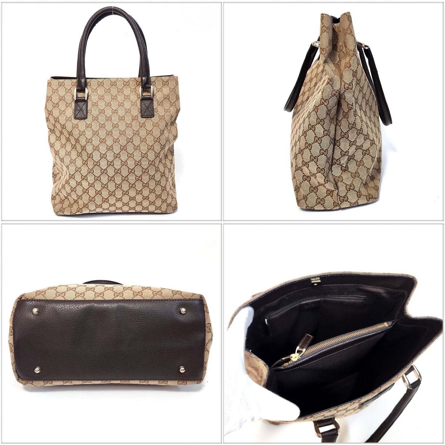 Gucci Beige Brown Canvas Leather Handbag Tote Bag