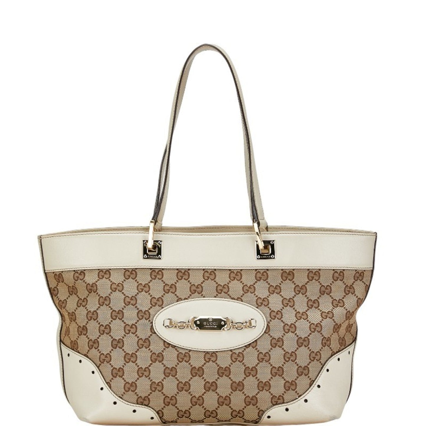 Gucci Beige White Gg Canvas Leather Handbag Tote Bag ()