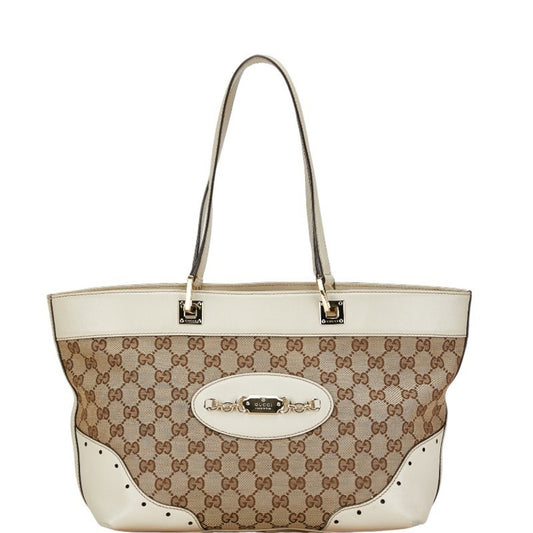 Gucci Beige White Gg Canvas Leather Handbag Tote Bag ()