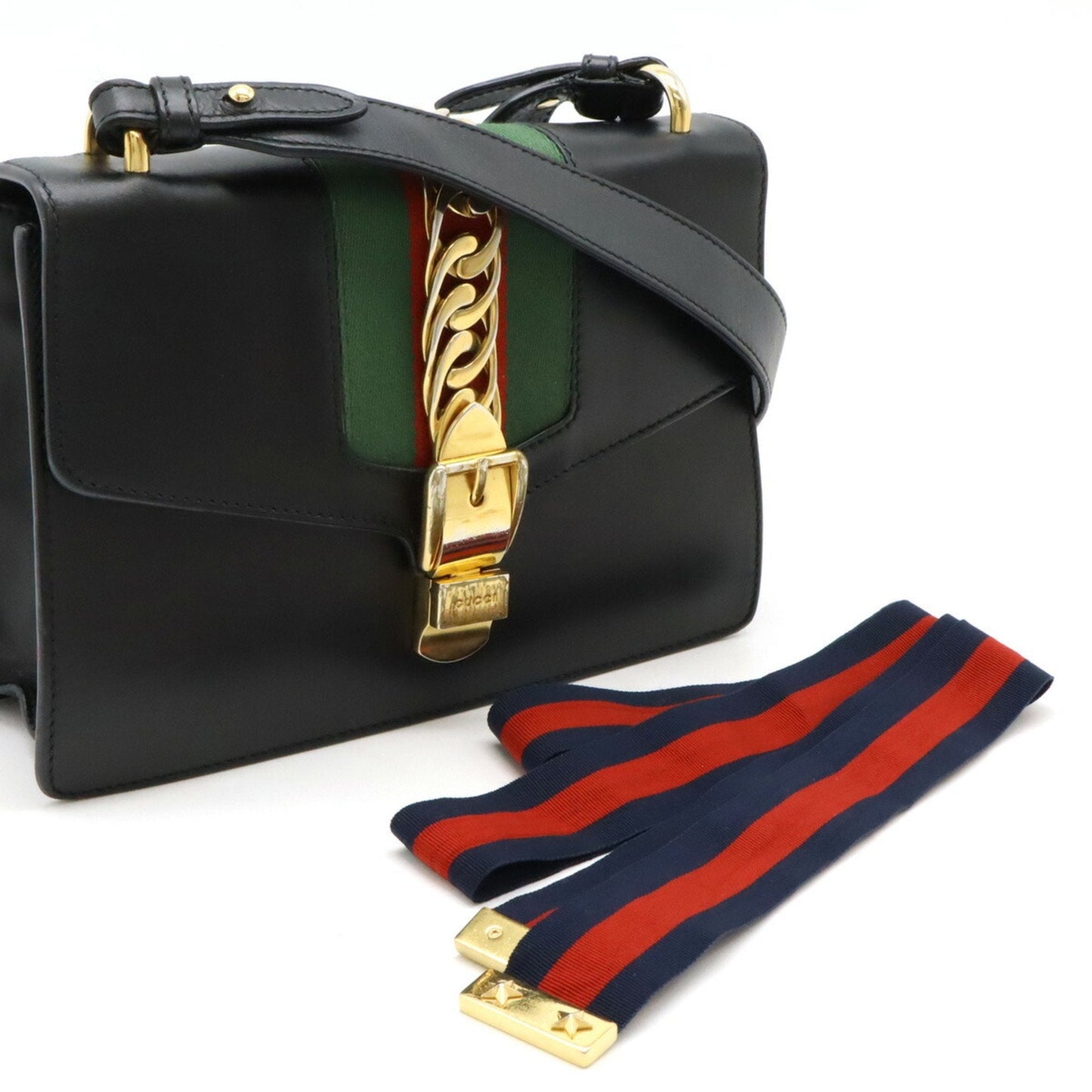 Gucci Black Green Red Color Leather Shoulder Bag