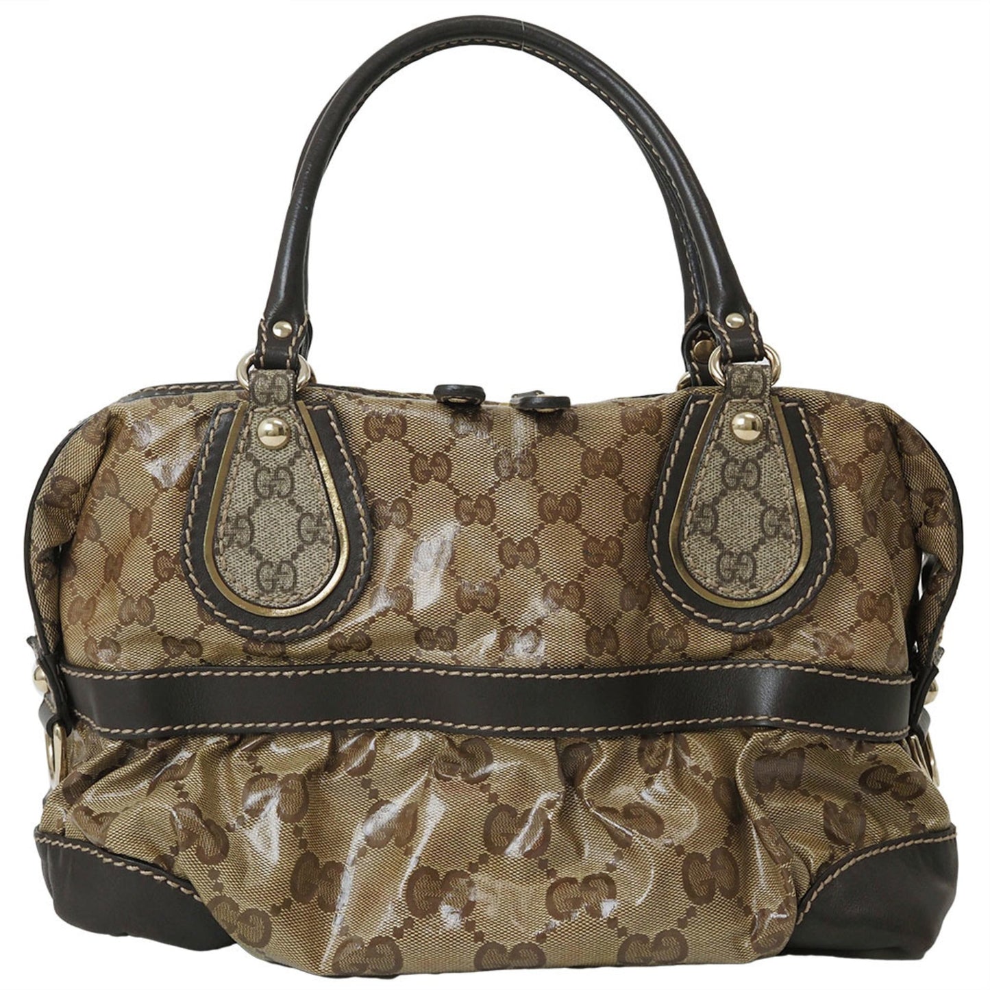 Gucci Gg Crystal Beige Dark Brown Pvc Leather Boston Bag Handbag ()