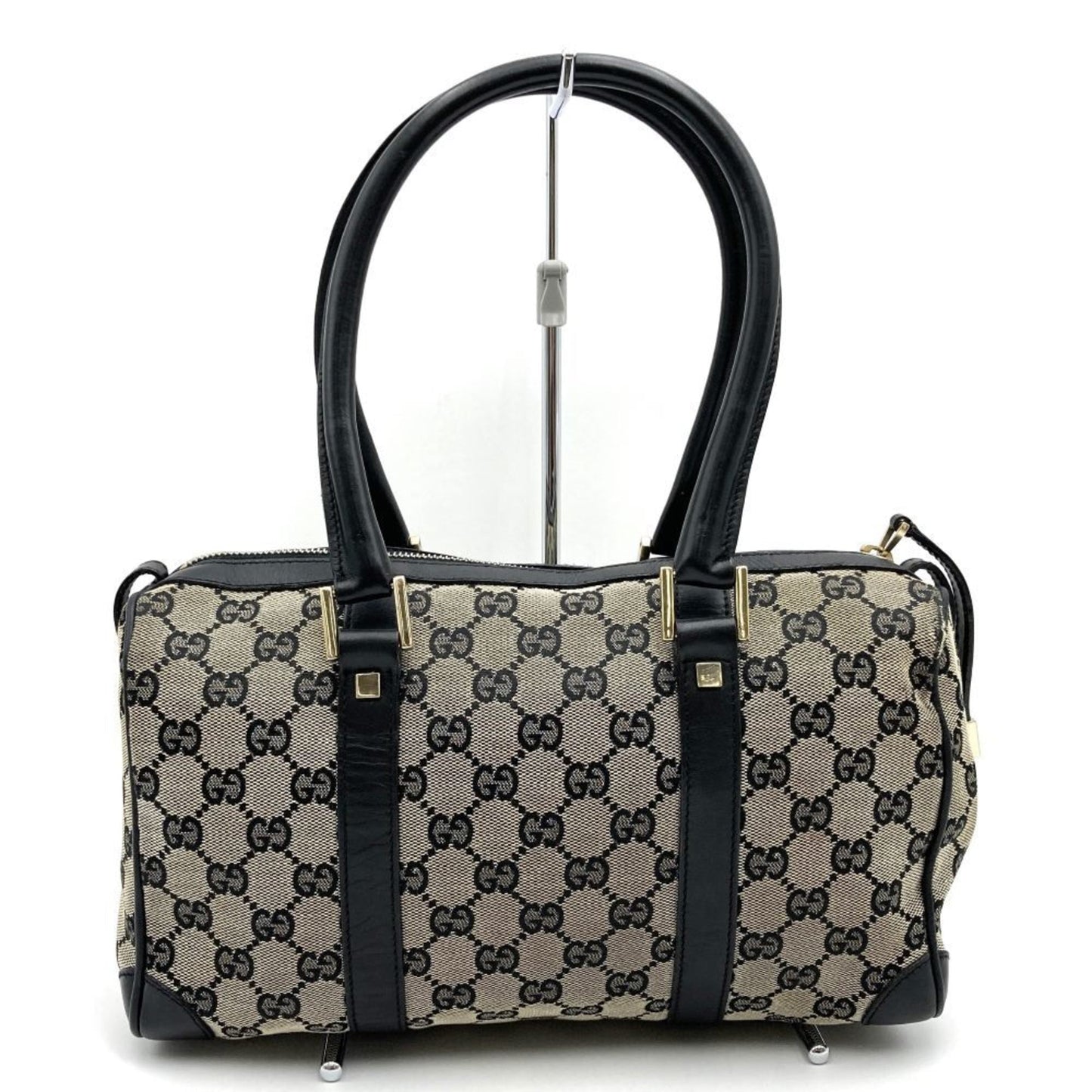 Gucci Black Gg Canvas Leather Boston Bag Handbag
