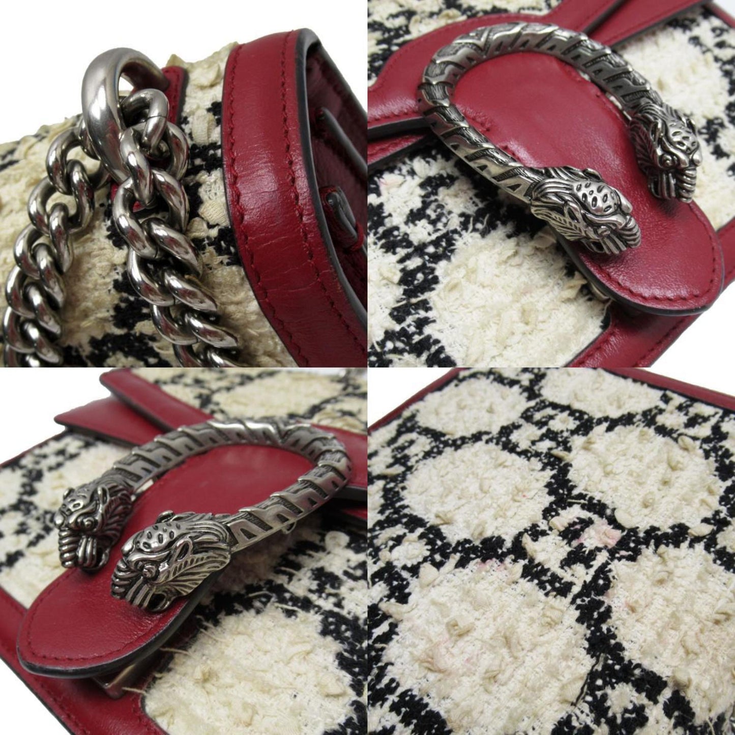 Gucci Black Dark Red Off-White Tweed Leather Shoulder Bag