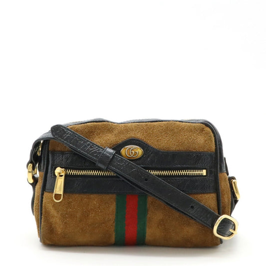 Gucci Sherry Line Black Brown Suede Patent Leather Pochette Shoulder Bag ()