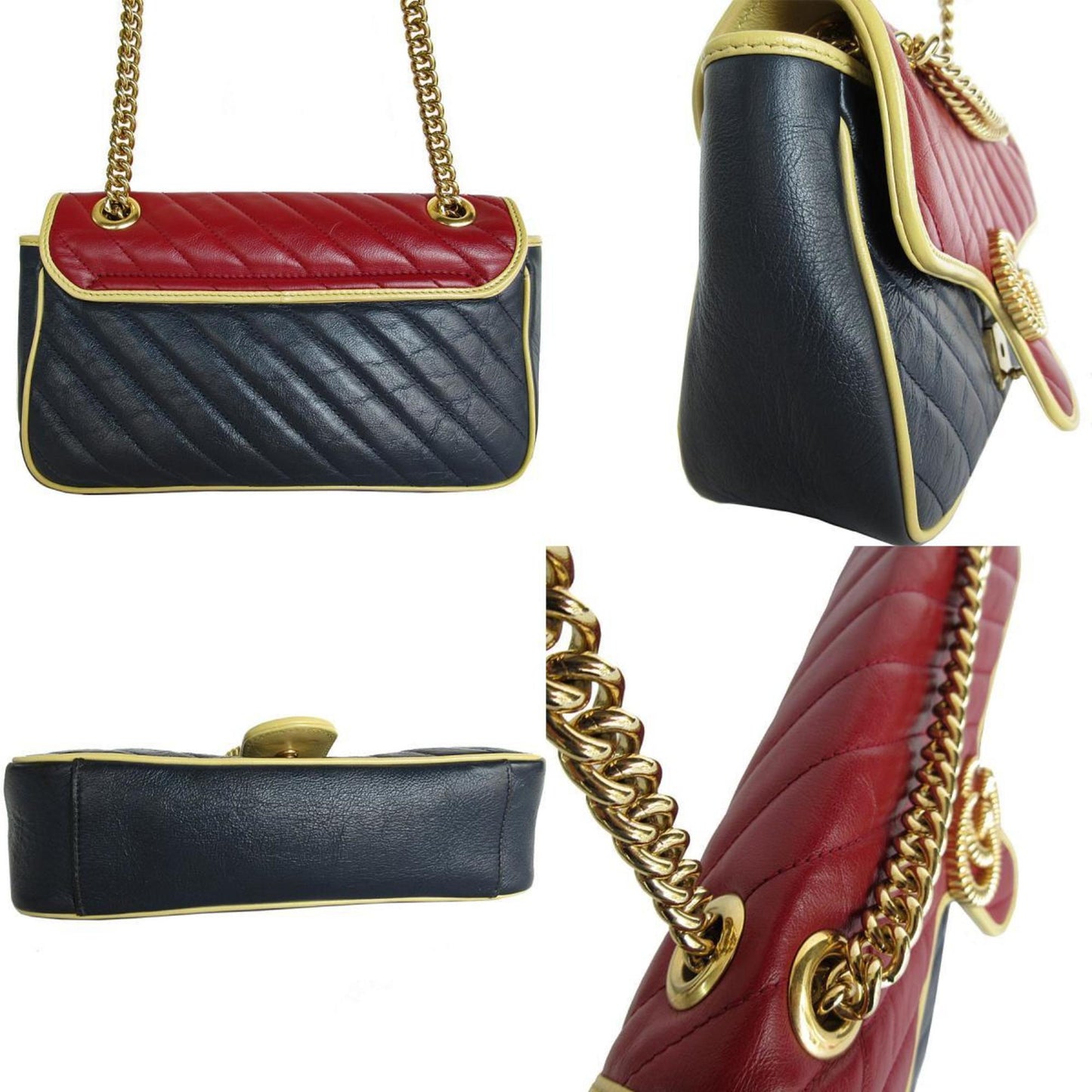 Gucci Burgundy Gold Navy Leather Metal Shoulder Bag