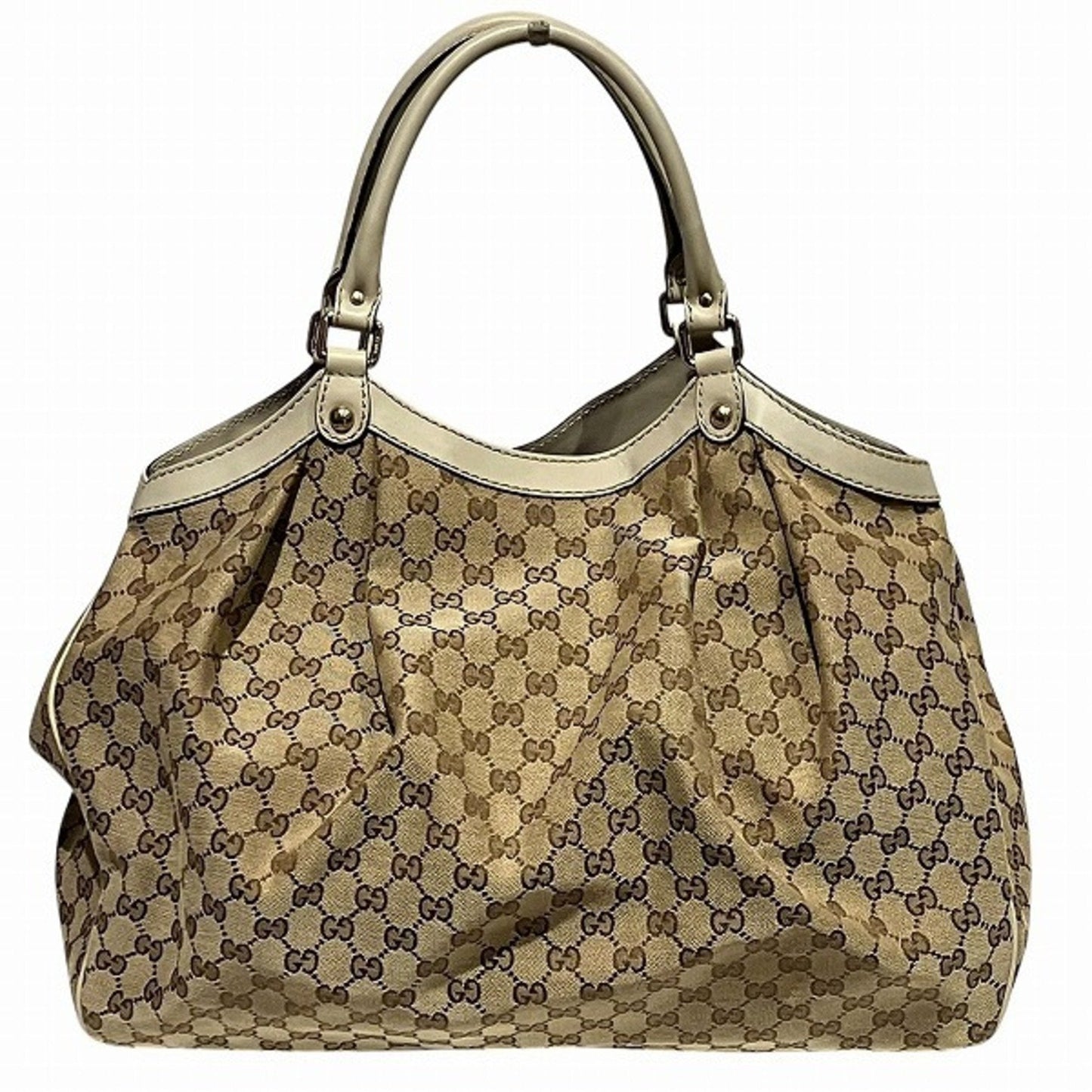 Gucci Beige Ivory Gg Canvas Leather Shoulder Bag Tote Bag