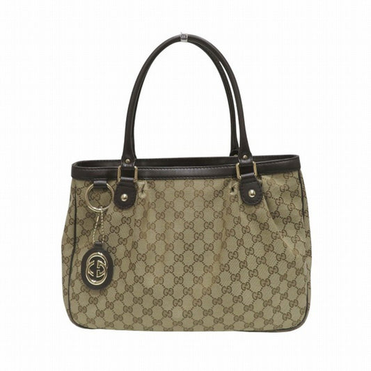 Gucci Beige Dark Brown Canvas Leather Shoulder Bag Tote Bag ()