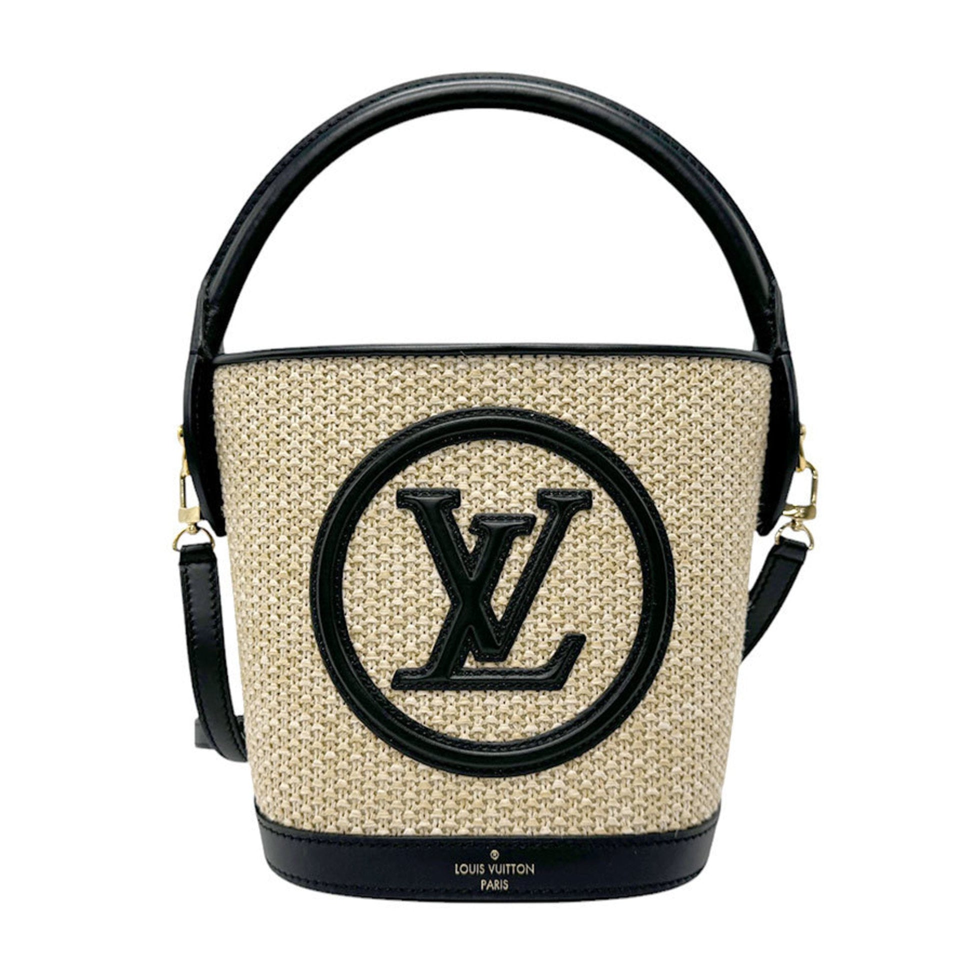 Louis Vuitton Beige Black Raffia Leather Handbag Shoulder Bag ()