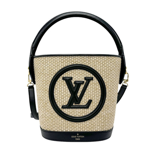 Louis Vuitton Beige Black Raffia Leather Handbag Shoulder Bag ()