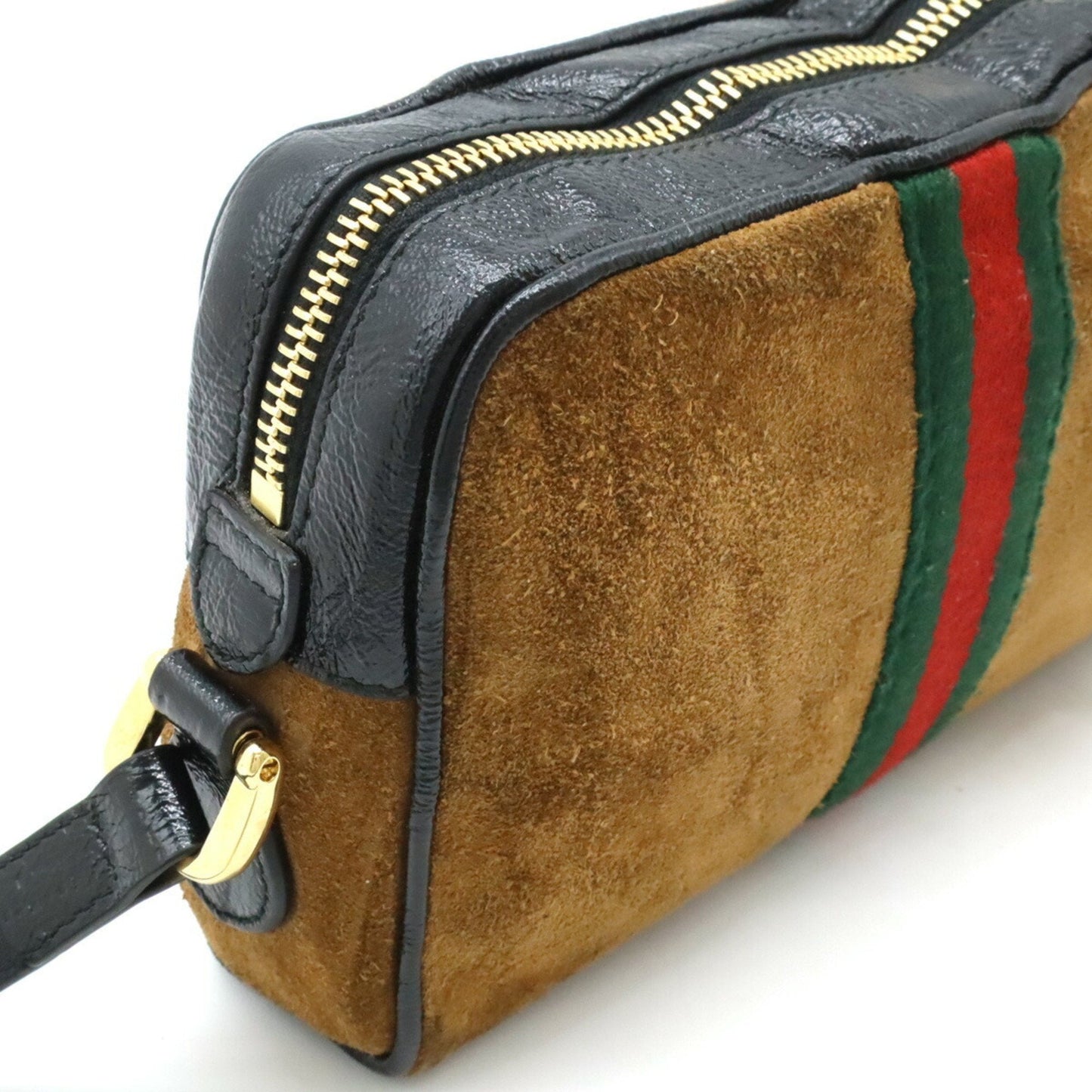 Gucci Sherry Line Black Brown Suede Patent Leather Pochette Shoulder Bag