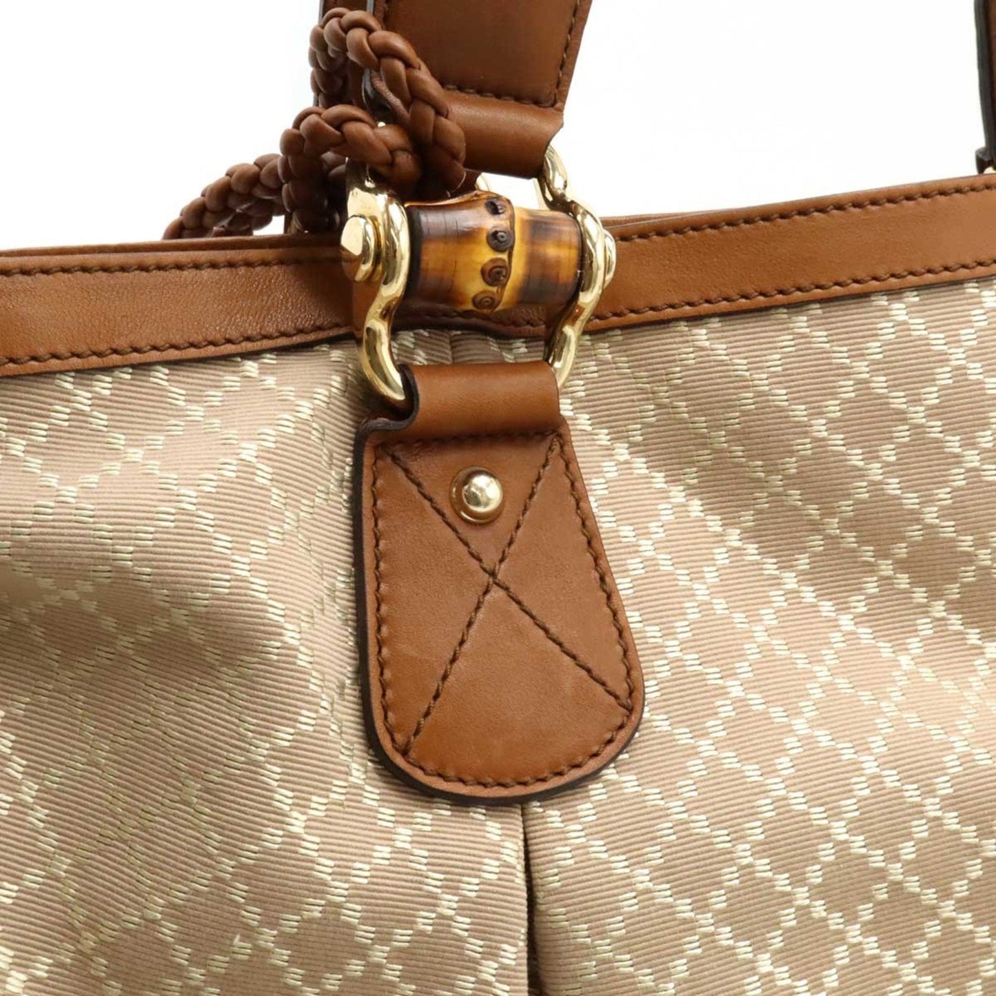 Gucci Beige Brown Bamboo Canvas Leather Shoulder Bag Tote Bag