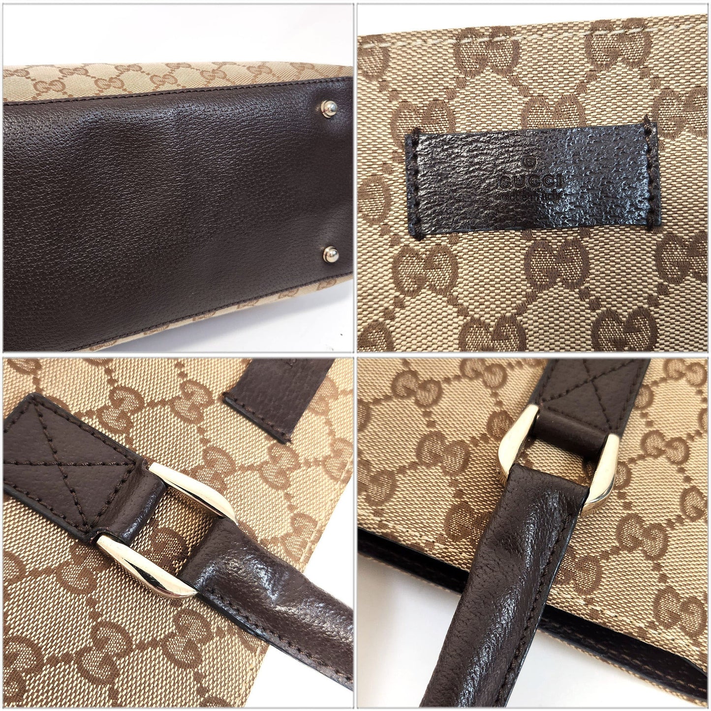 Gucci Beige Brown Canvas Leather Handbag Tote Bag