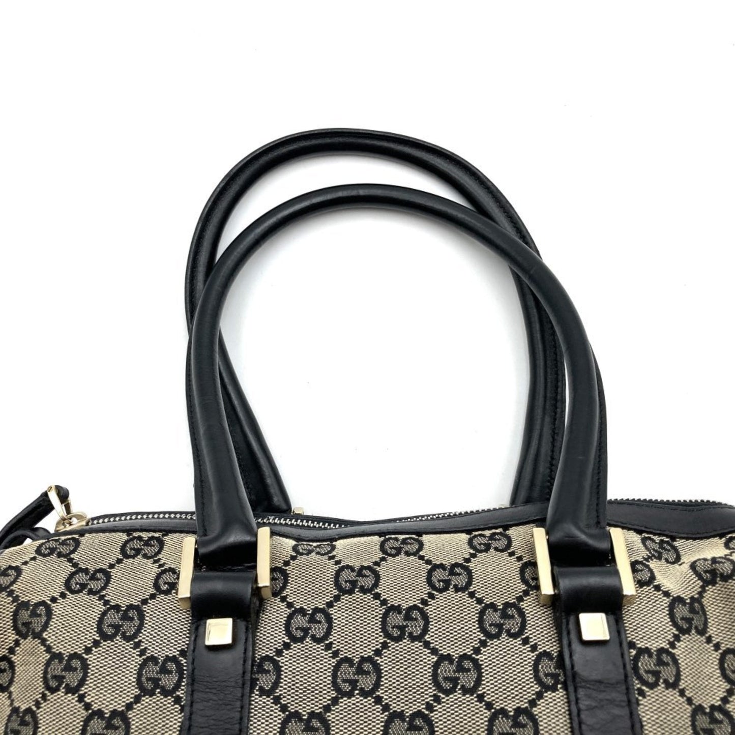 Gucci Black Gg Canvas Leather Boston Bag Handbag