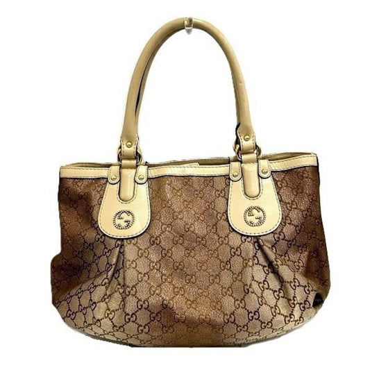 Gucci Beige Metallic Pink Canvas Leather Handbag ()