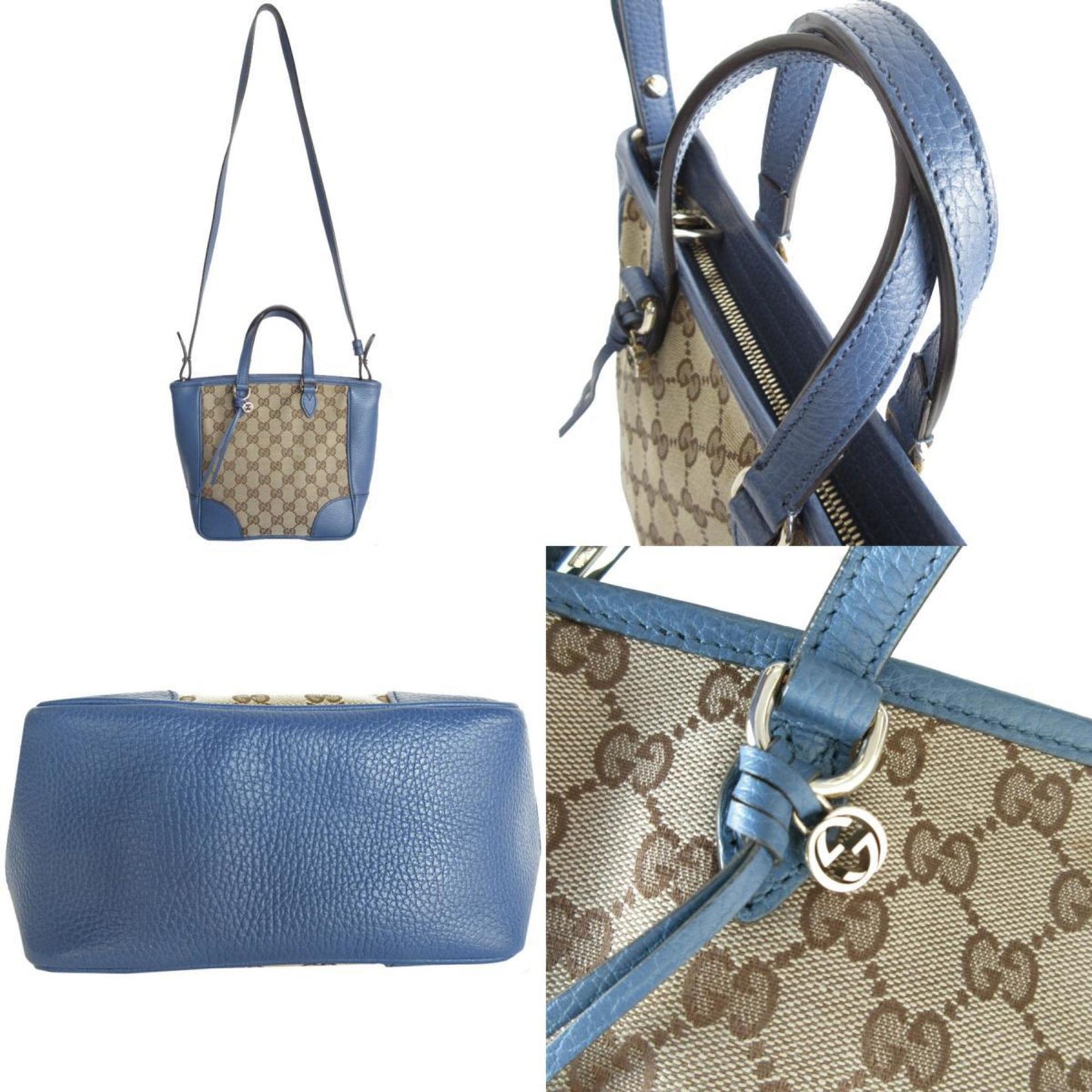 Gucci Beige Brown Blue Canvas Leather Handbag Shoulder Bag