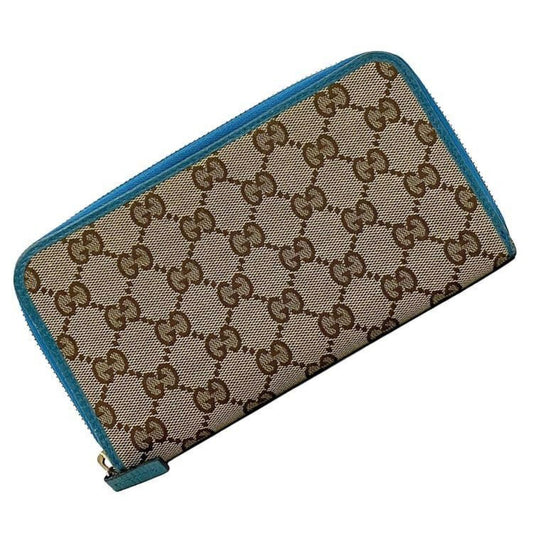 Gucci Beige Blue Canvas Long Wallet (Bi-Fold)