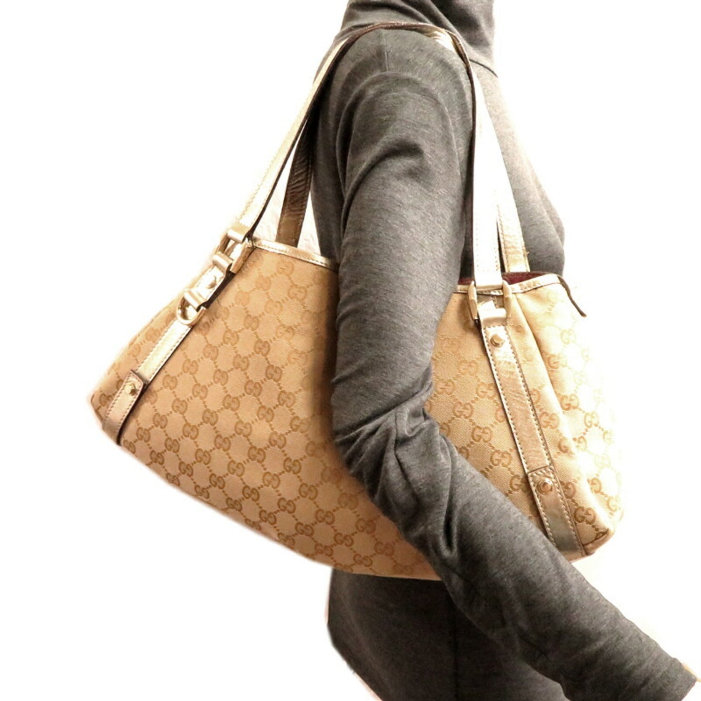 Gucci Abbey Beige Gg Canvas Leather Tote Bag