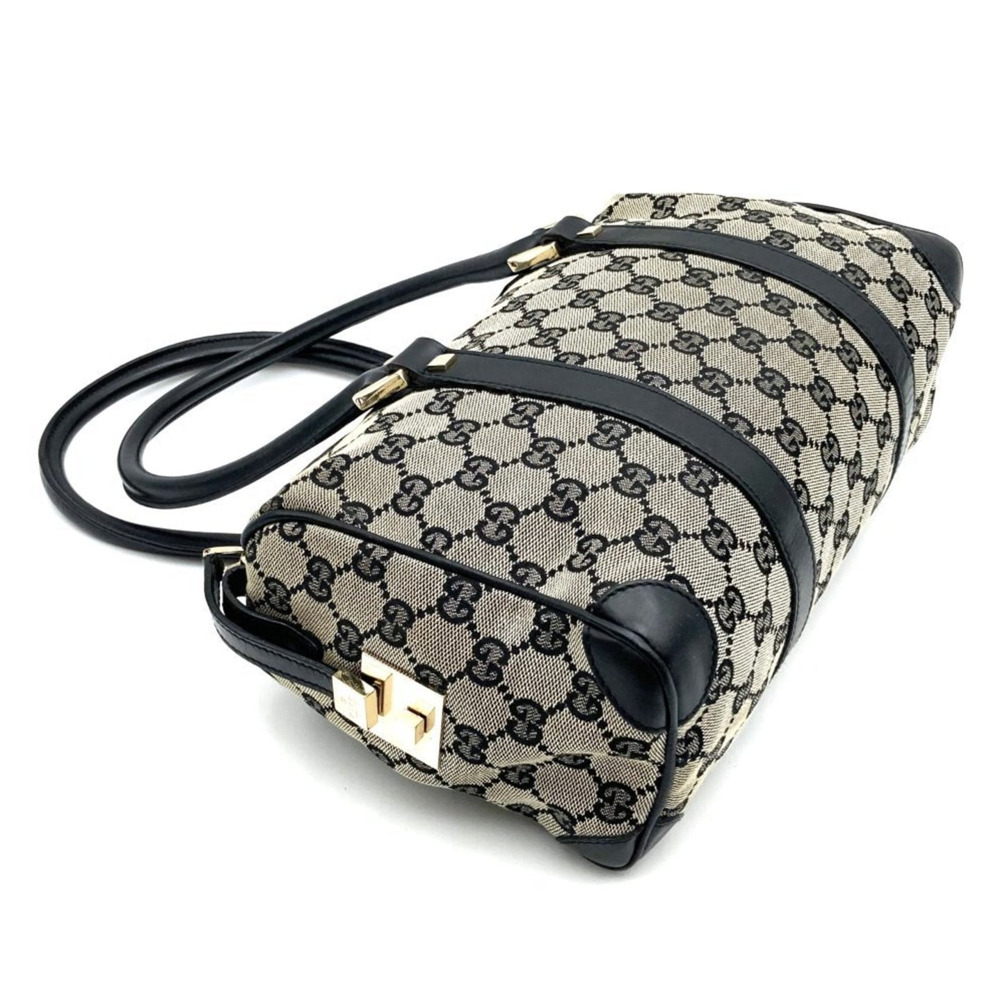 Gucci Black Gg Canvas Leather Boston Bag Handbag