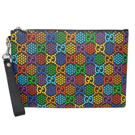 Gucci Black Multi-Color Canvas Leather Clutch Bag Pouch ()