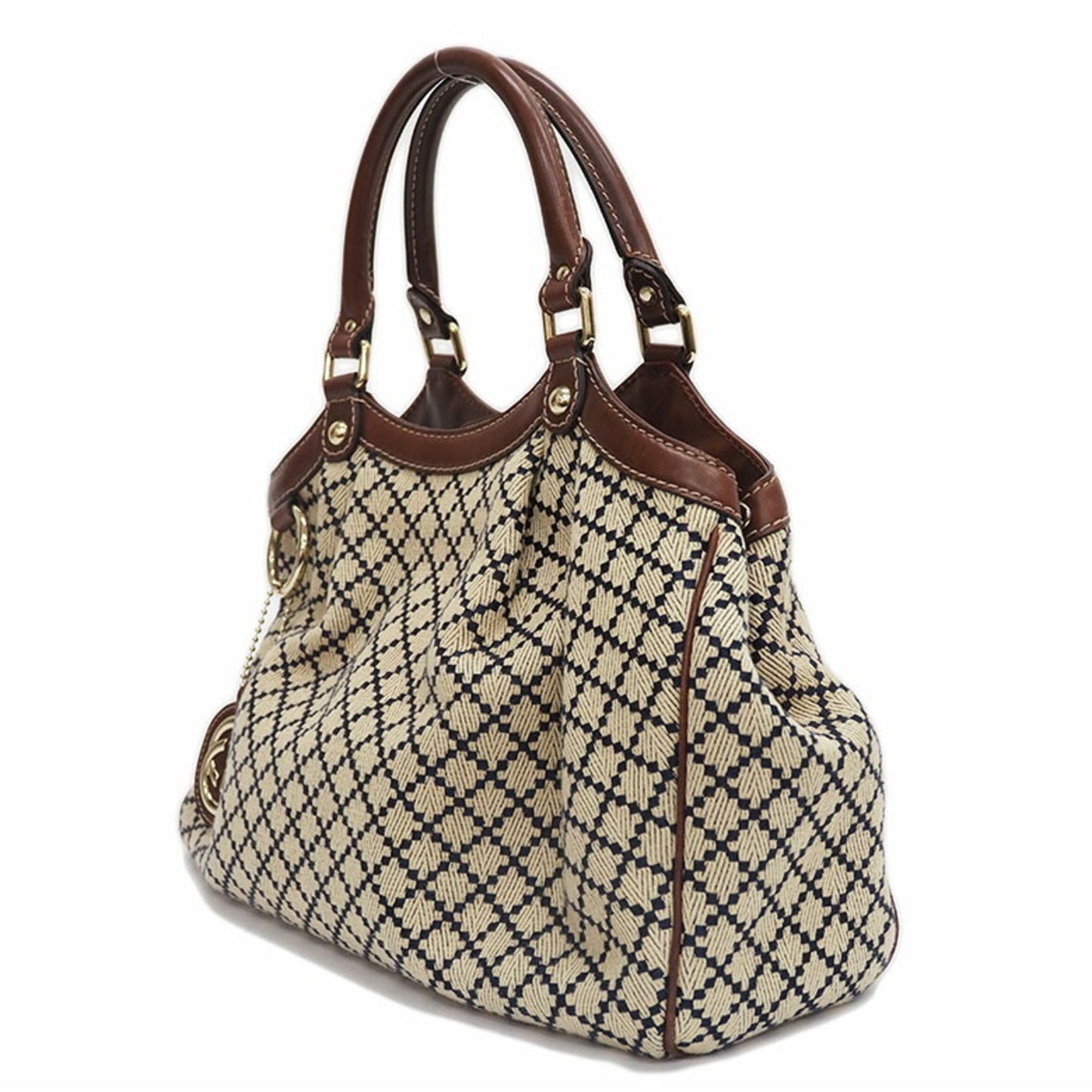Gucci Diamante Beige Brown Navy Canvas Leather Handbag