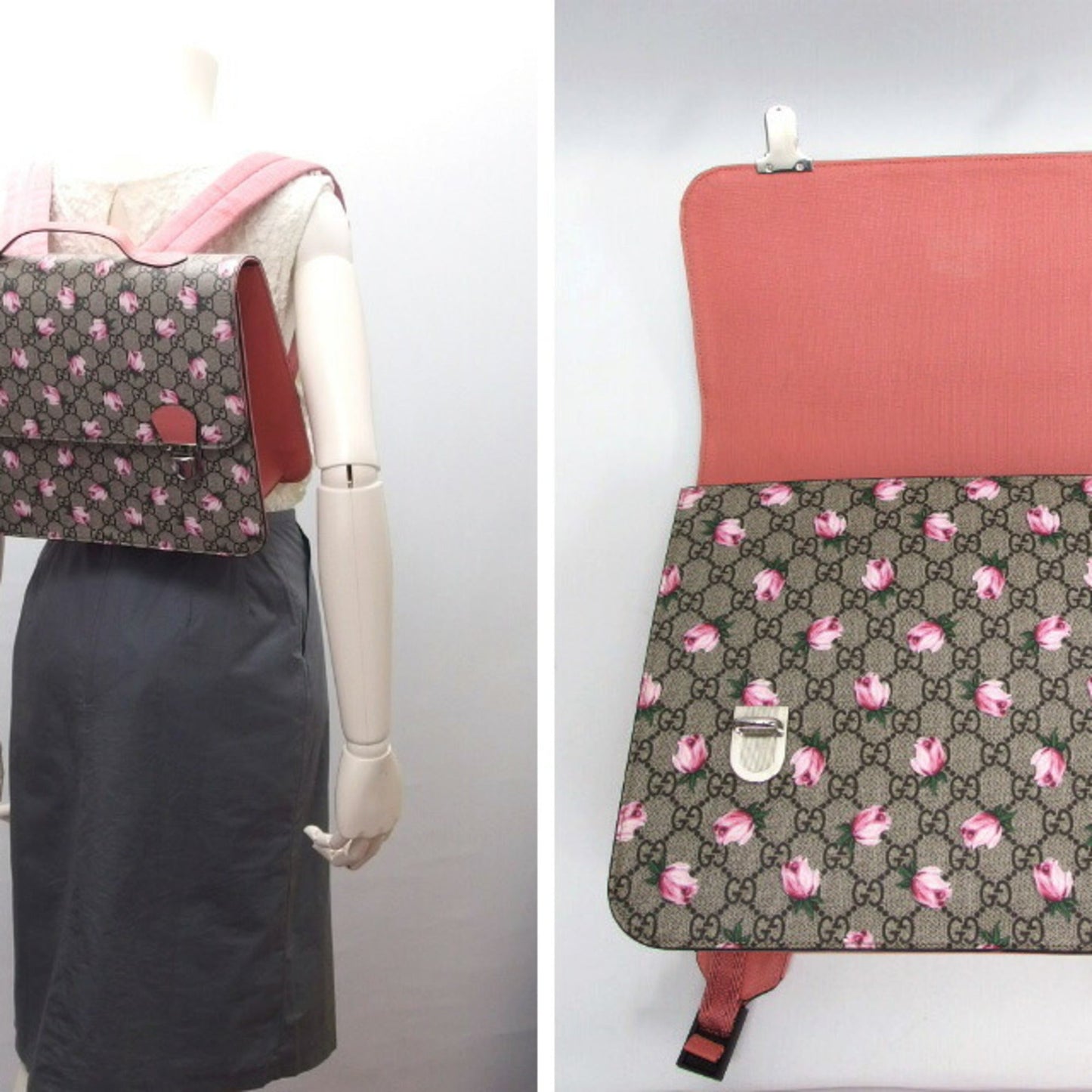 Gucci Beige Pink Green Pink Coated Canvas Leather Backpack