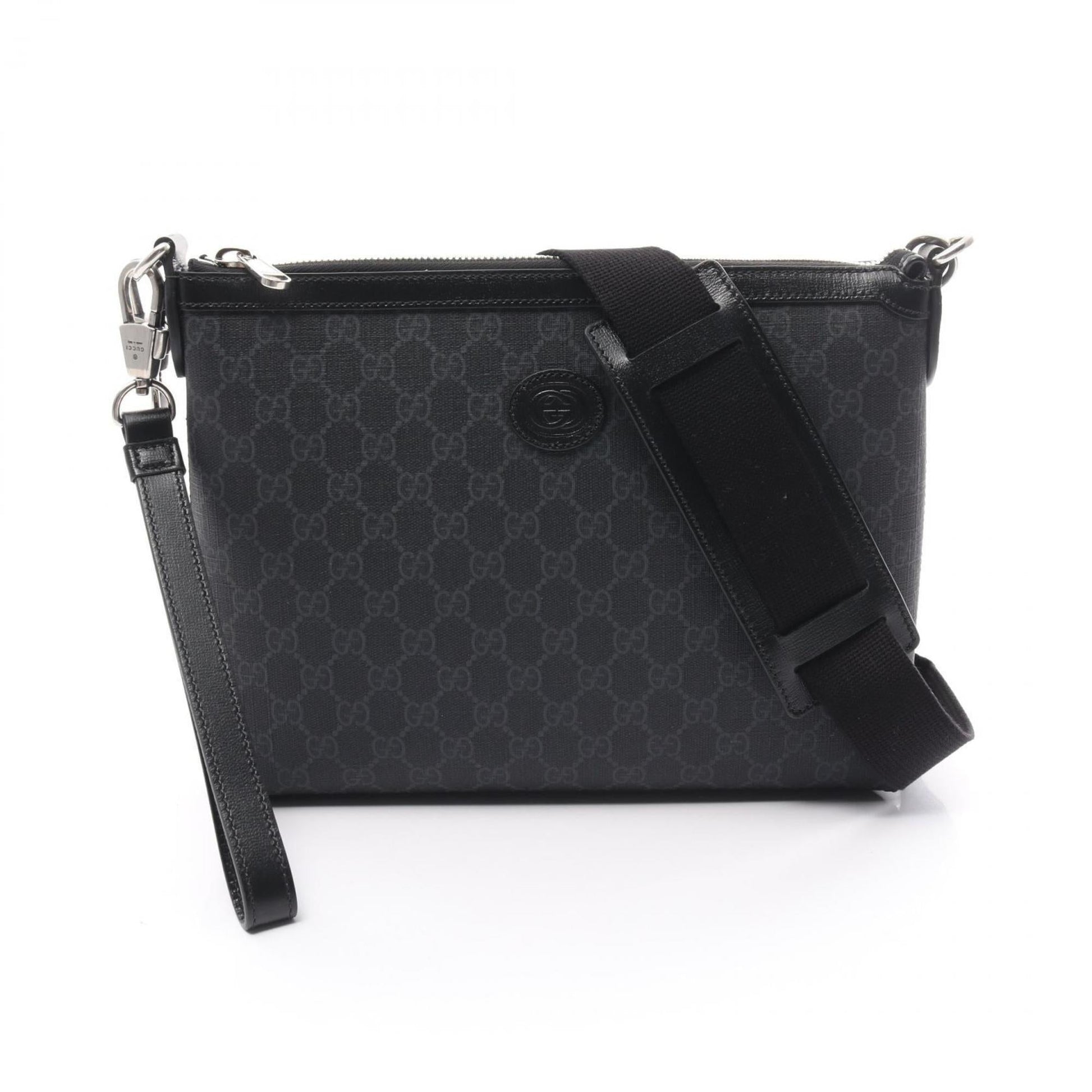 Gucci Black Gray Pvc Coated Canvas Leather Shoulder Bag ()