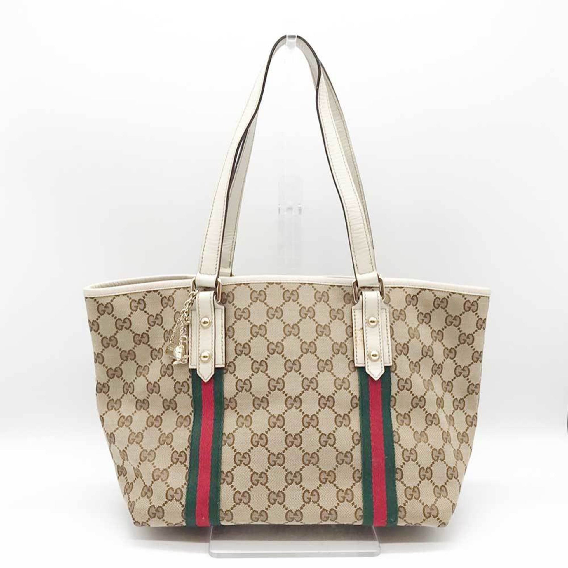 Gucci Sherry Line Beige White Gg Canvas Leather Tote Bag ()