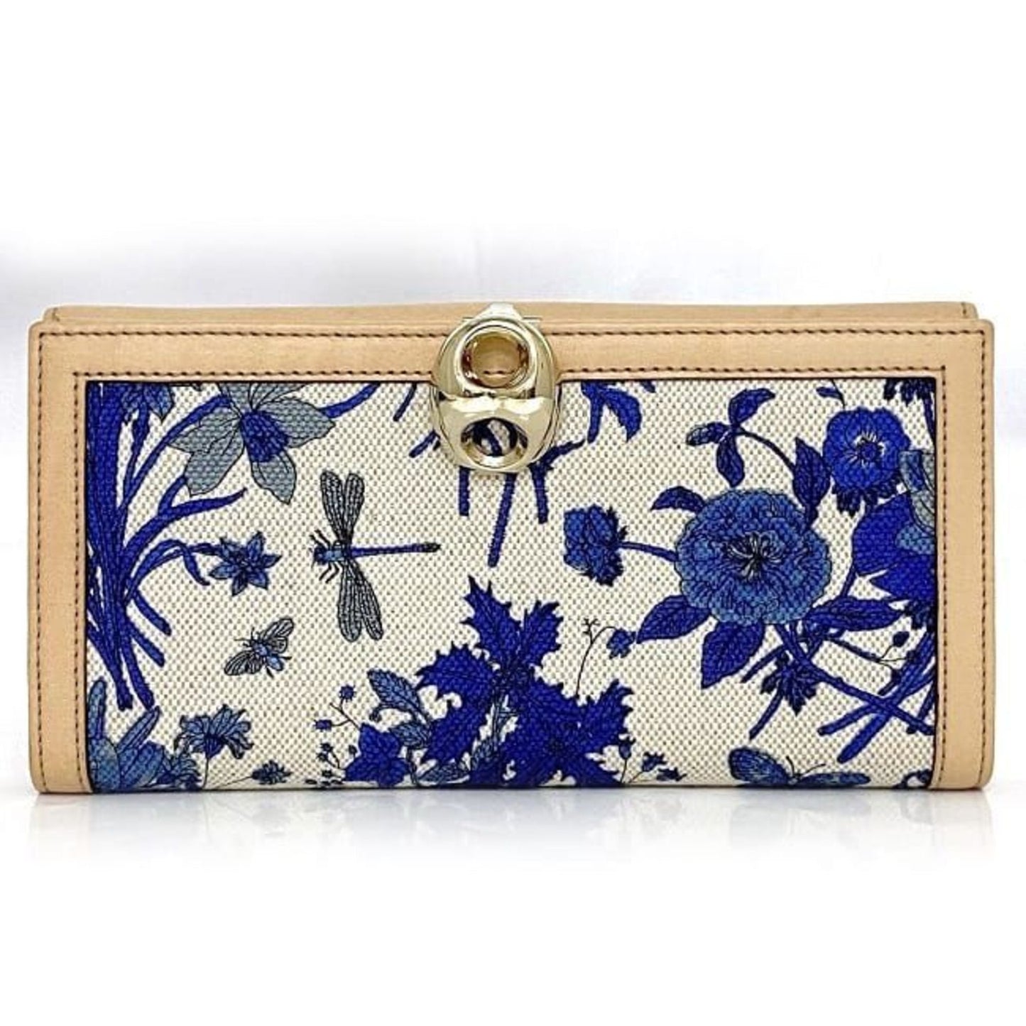 Gucci Beige Blue White Canvas Leather Long Wallet (Bi-Fold)